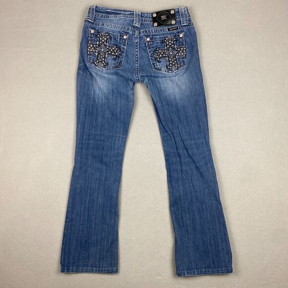 Miss Me Womens Size 27 Mid Rise Boot Jeans Rhinestone Cross Distressed MP6224BV - Picture 2 of 9